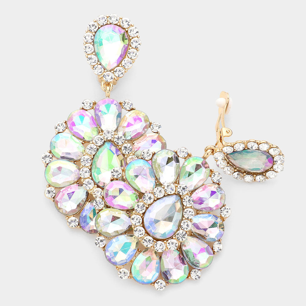 AB, Clear, Gold Crystal Teardrop Cluster Statement Clip on Earrings