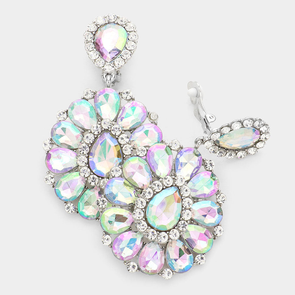 AB, Rhodium Crystal Teardrop Cluster Statement Clip on Earrings