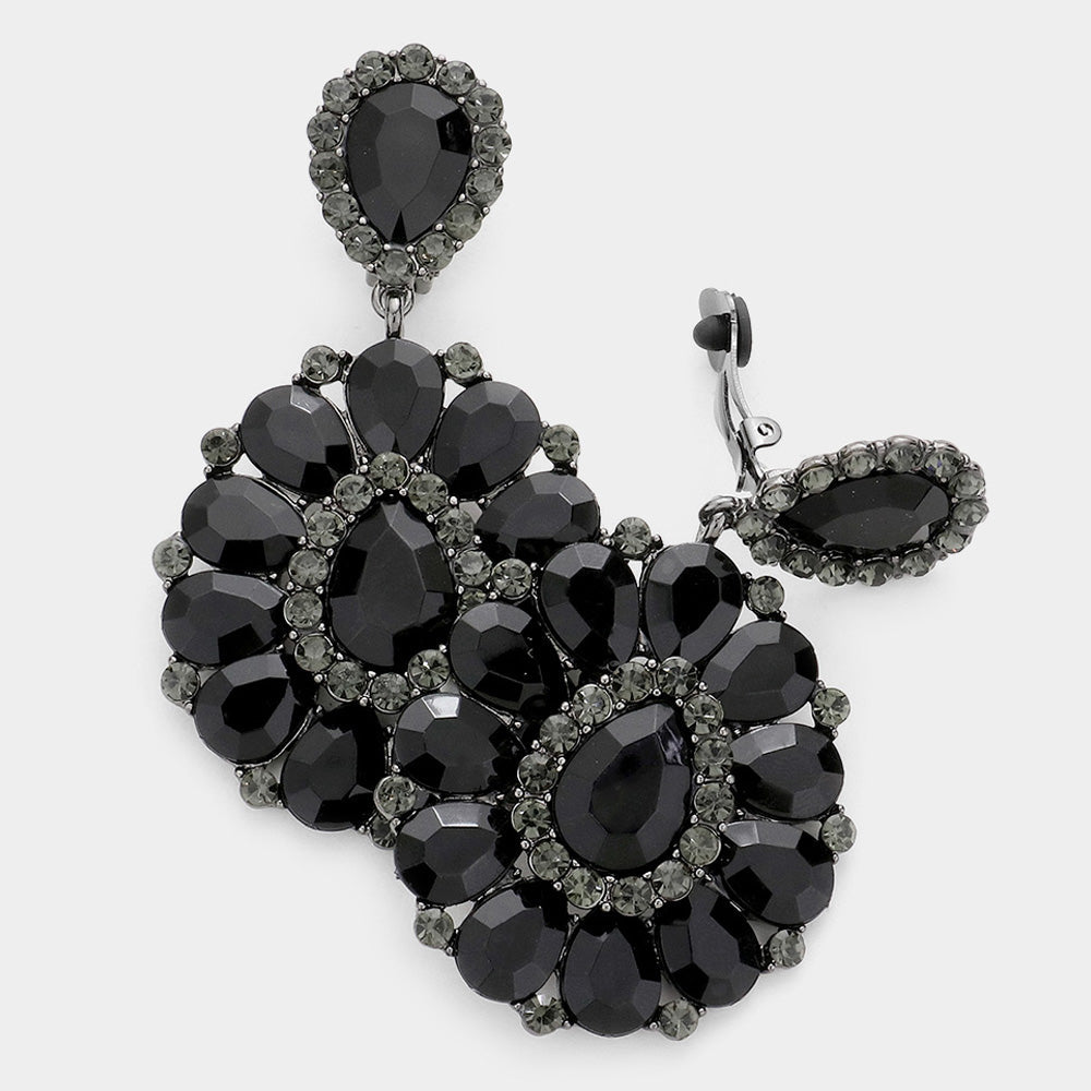 Black Crystal Teardrop Cluster Statement Clip on Earrings