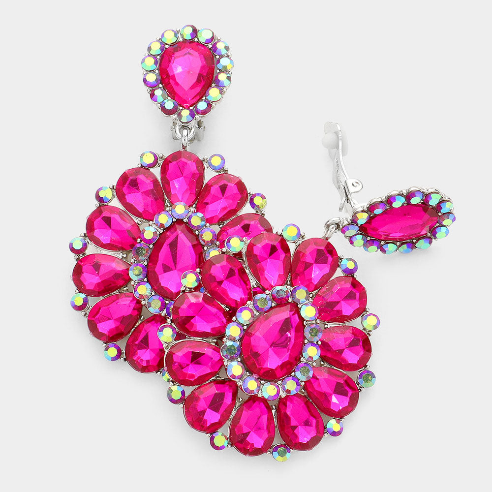 Fuchsia Crystal Teardrop Cluster Statement Clip on Earrings