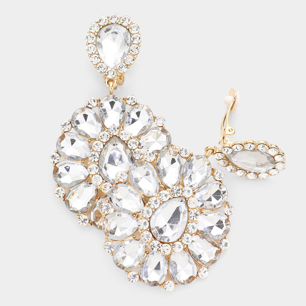 Gold Crystal Teardrop Cluster Statement Clip on Earrings