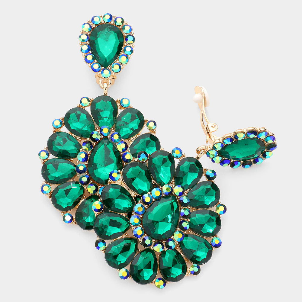 Gold, Green Crystal Teardrop Cluster Statement Clip on Earrings