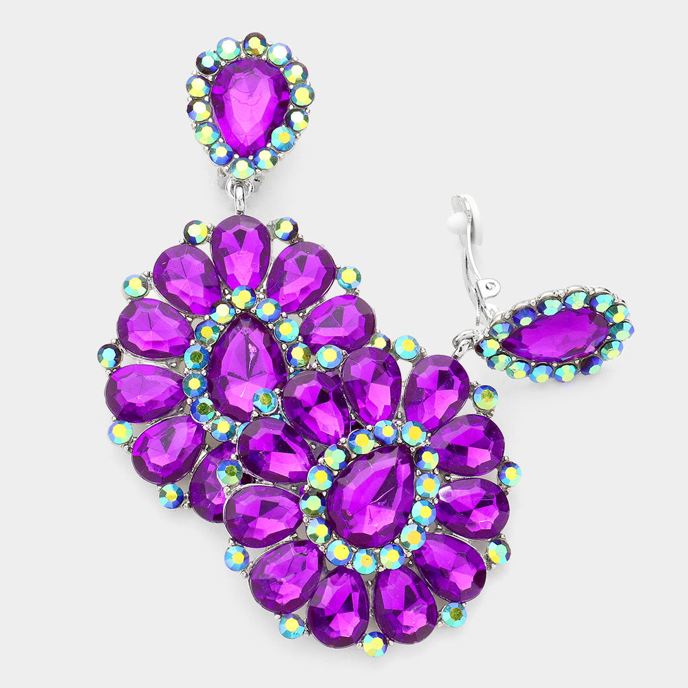 Purple , Rhodium Crystal Teardrop Cluster Statement Clip on Earrings