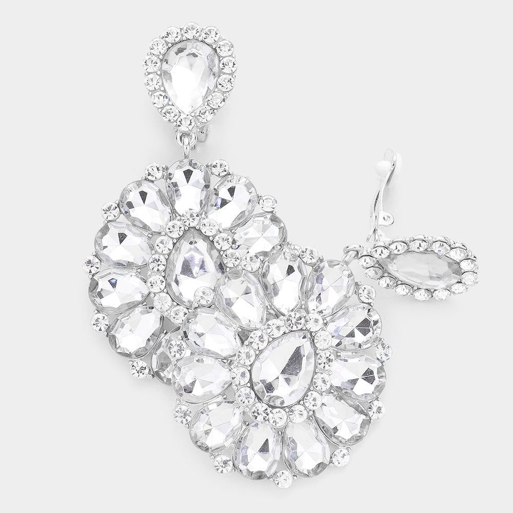 Rhodium Crystal Teardrop Cluster Statement Clip on Earrings