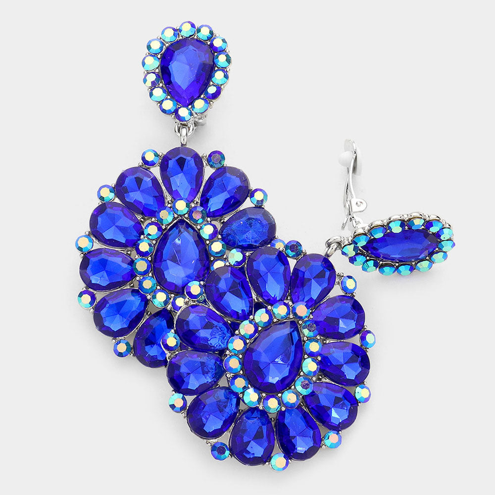 Royal Blue Crystal Teardrop Cluster Statement Clip on Earrings