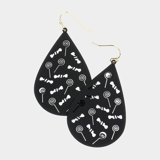Black, Gold Cut Out Lollipop Candy Accented Teardrop Dangle Earrings