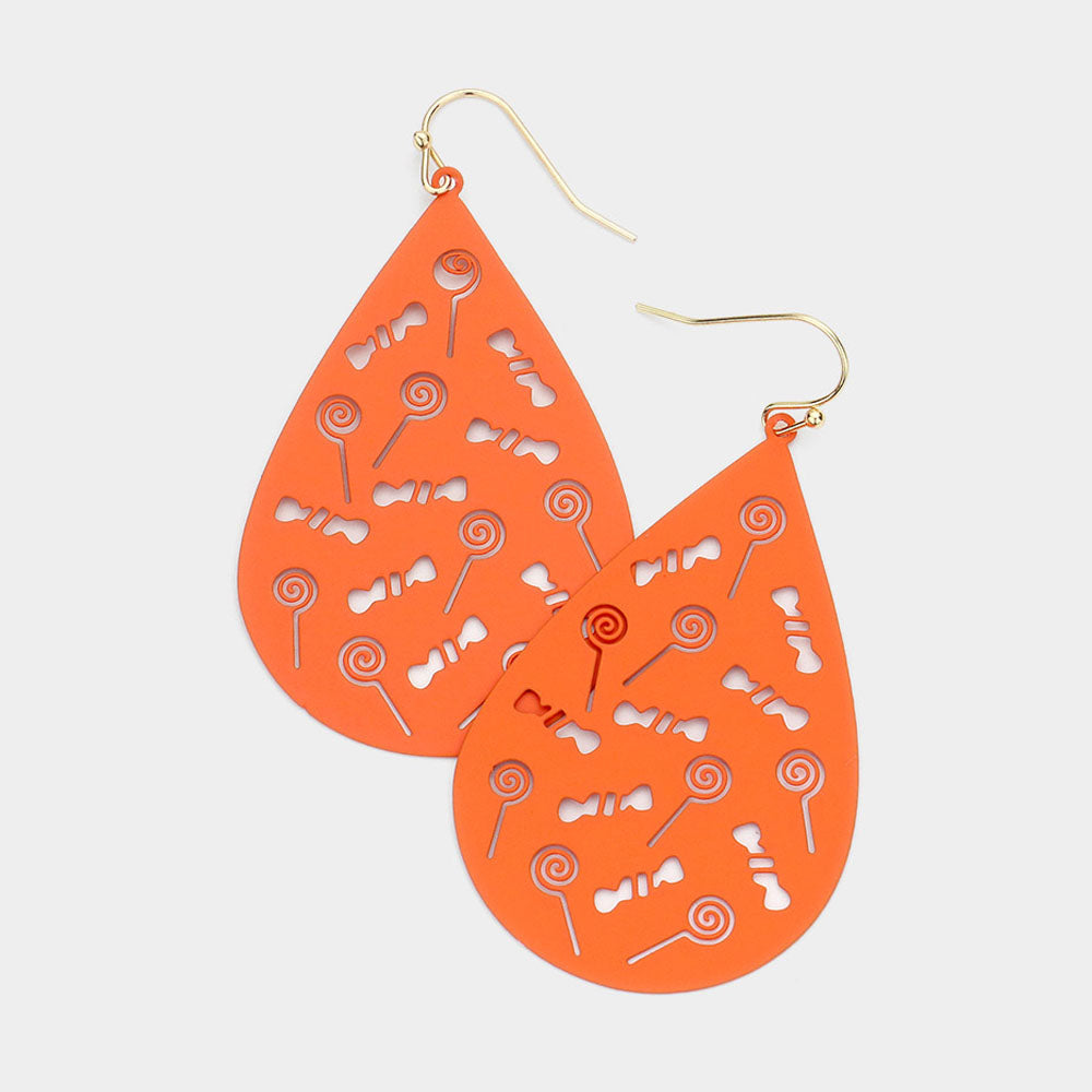Gold, Orange Cut Out Lollipop Candy Accented Teardrop Dangle Earrings