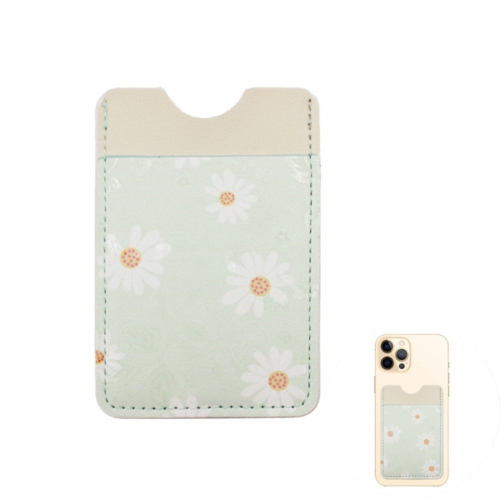 Mint Daisy Flower Patterned Faux Leather Adhesive Card Holder For Phone; be an ultimate fashionista when carrying a small pouch for your money or credit cards on the back of your phone. Makes shopping super easy without having to lug around huge purse! Perfect for grab & go errands, keep keys handy. Cute & Functional Gift