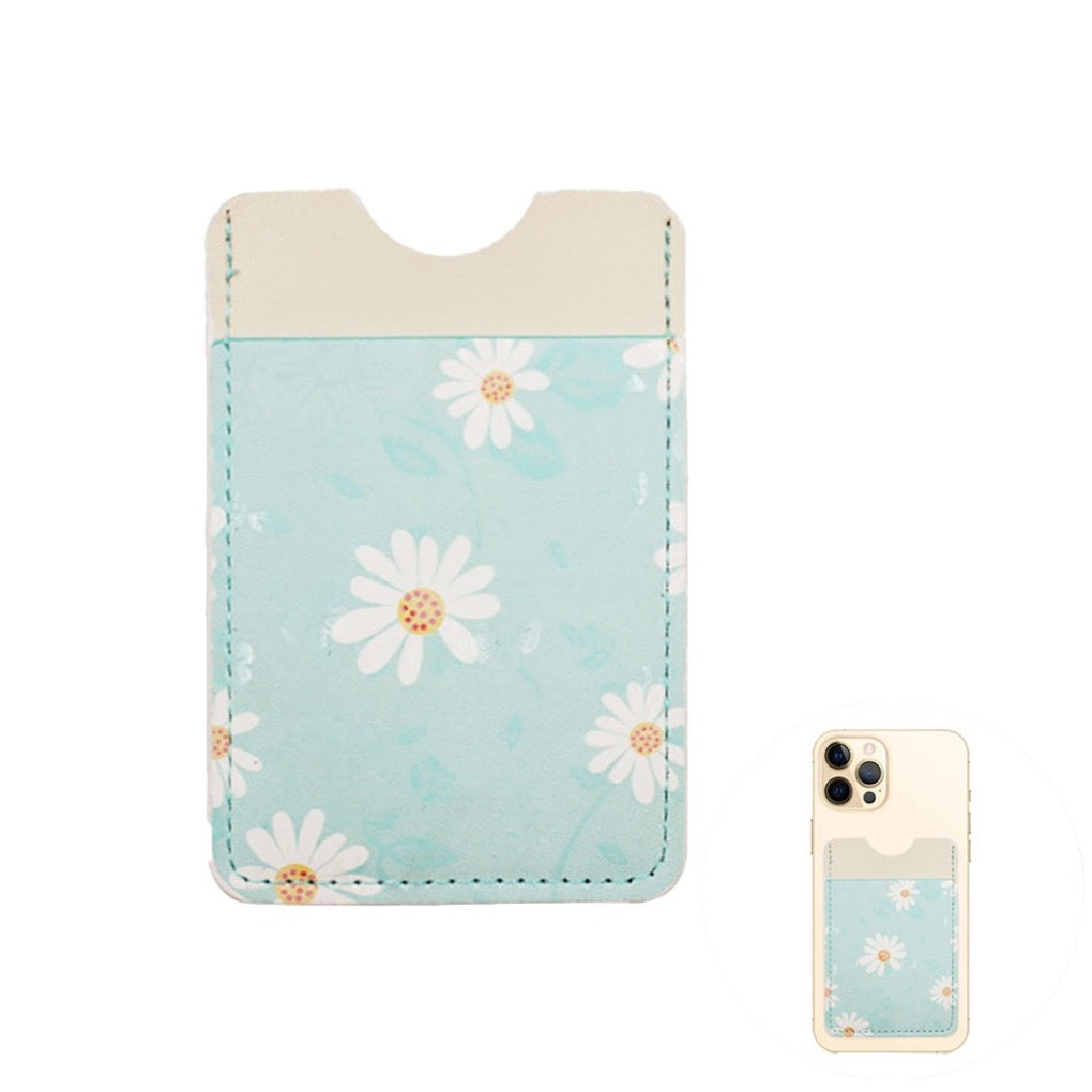 Light Blue Daisy Flower Patterned Faux Leather Adhesive Card Holder For Phone; be an ultimate fashionista when carrying a small pouch for your money or credit cards on the back of your phone. Makes shopping super easy without having to lug around huge purse! Perfect for grab & go errands, keep keys handy. Cute & Functional Gift