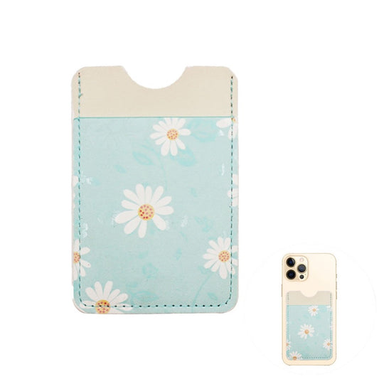 Light Blue Daisy Flower Patterned Faux Leather Adhesive Card Holder For Phone; be an ultimate fashionista when carrying a small pouch for your money or credit cards on the back of your phone. Makes shopping super easy without having to lug around huge purse! Perfect for grab & go errands, keep keys handy. Cute & Functional Gift