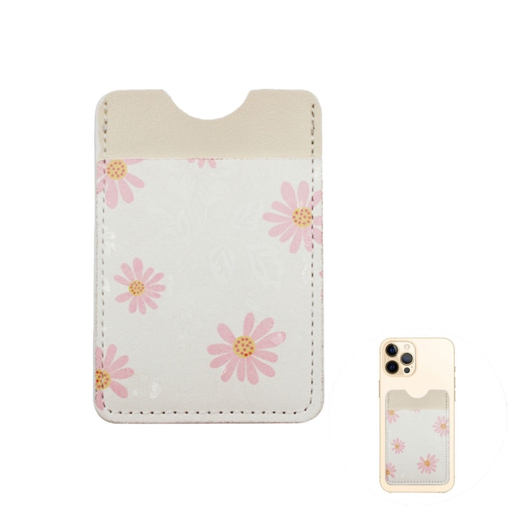 White Daisy Flower Patterned Faux Leather Adhesive Card Holder For Phone; be an ultimate fashionista when carrying a small pouch for your money or credit cards on the back of your phone. Makes shopping super easy without having to lug around huge purse! Perfect for grab & go errands, keep keys handy. Cute & Functional Gift