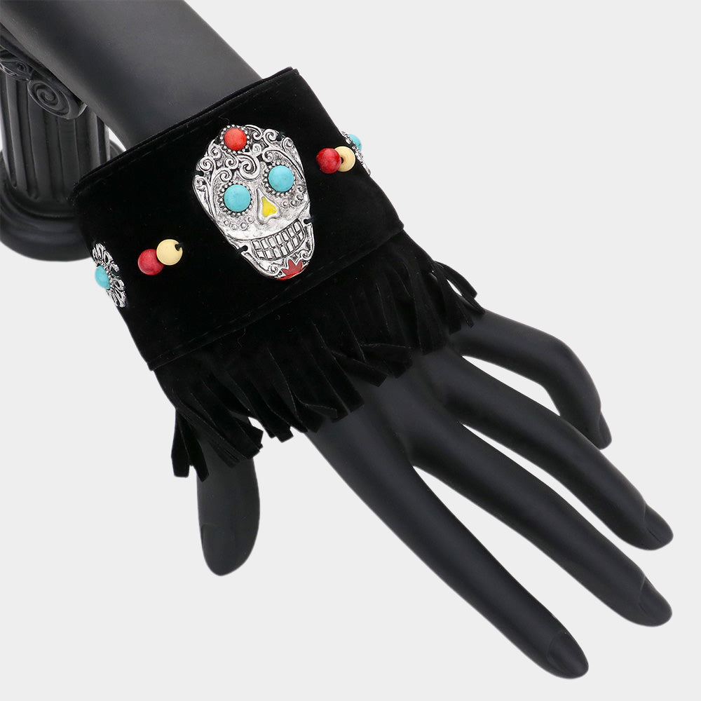 Black, Silver Burnished Day of the Dead Mexican Sugar Skull Faux Suede Fringe Bracelet