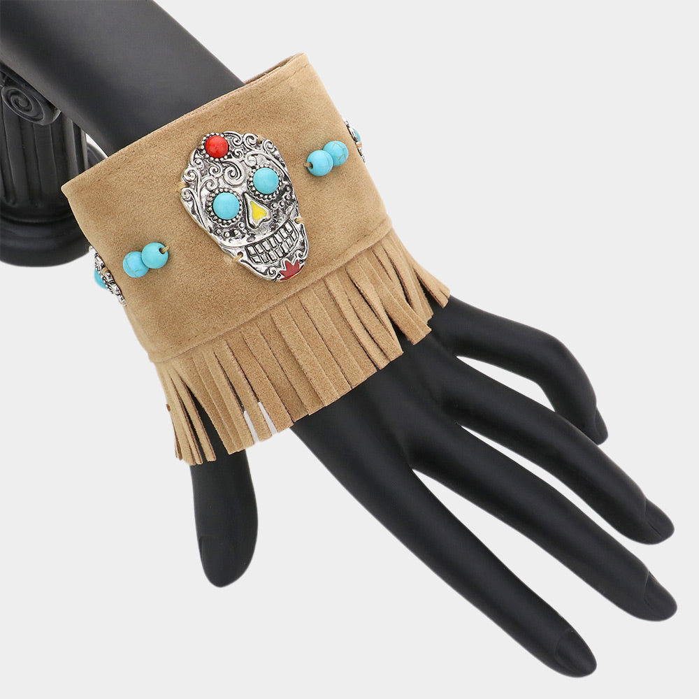 Brown, Silver Burnished Day of the Dead Mexican Sugar Skull Faux Suede Fringe Bracelet