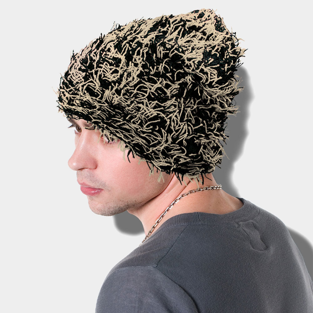 Beige, Black Distressed Knitted Fuzzy Winter Beanie Hat