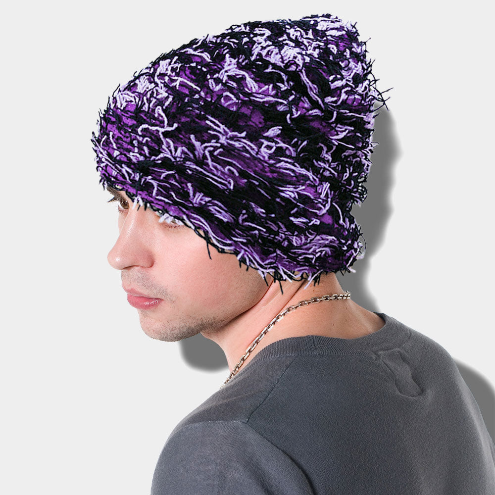 Black, Purple Distressed Knitted Fuzzy Winter Beanie Hat