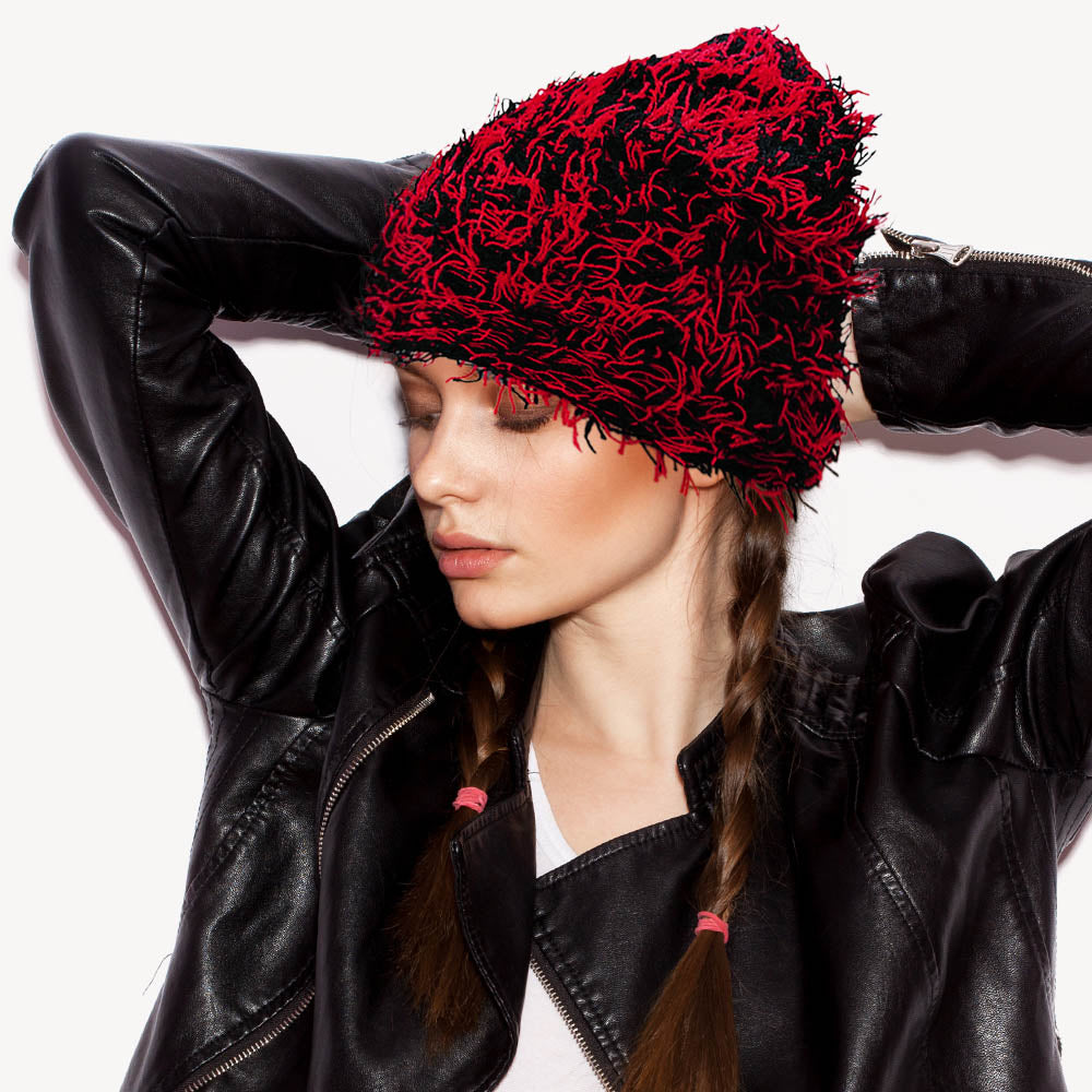Black, Red Distressed Knitted Fuzzy Winter Beanie Hat