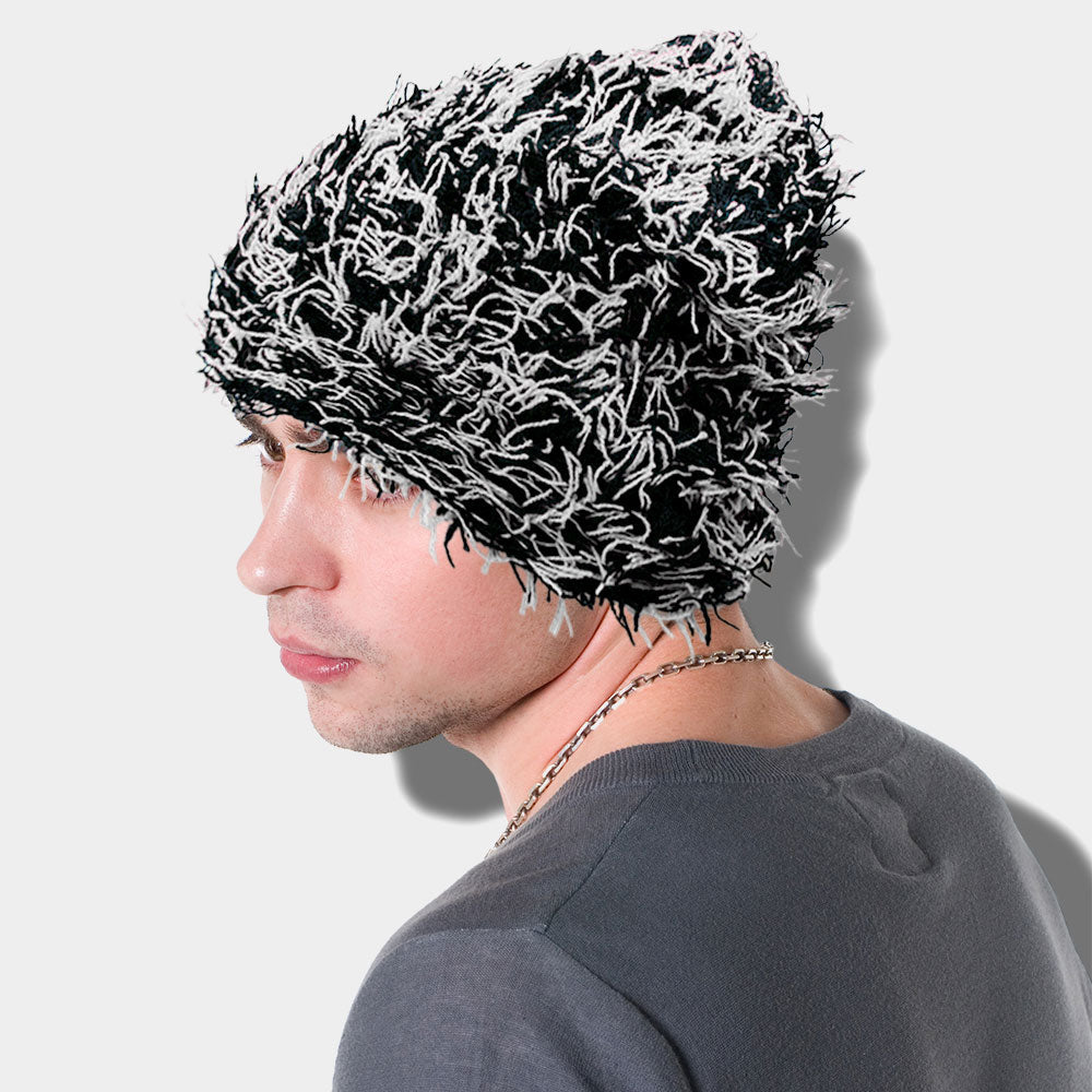Black, White Distressed Knitted Fuzzy Winter Beanie Hat