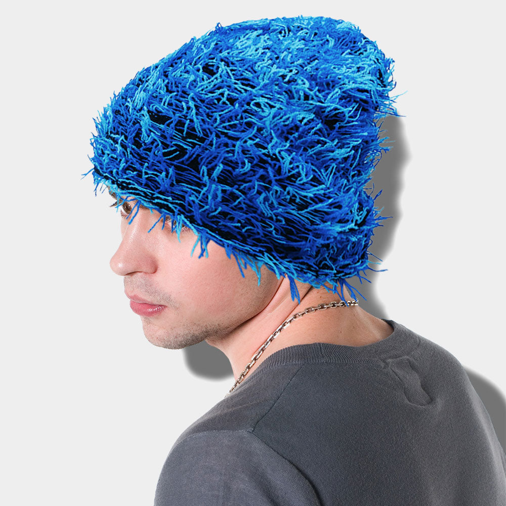 Blue, Navy Distressed Knitted Fuzzy Winter Beanie Hat