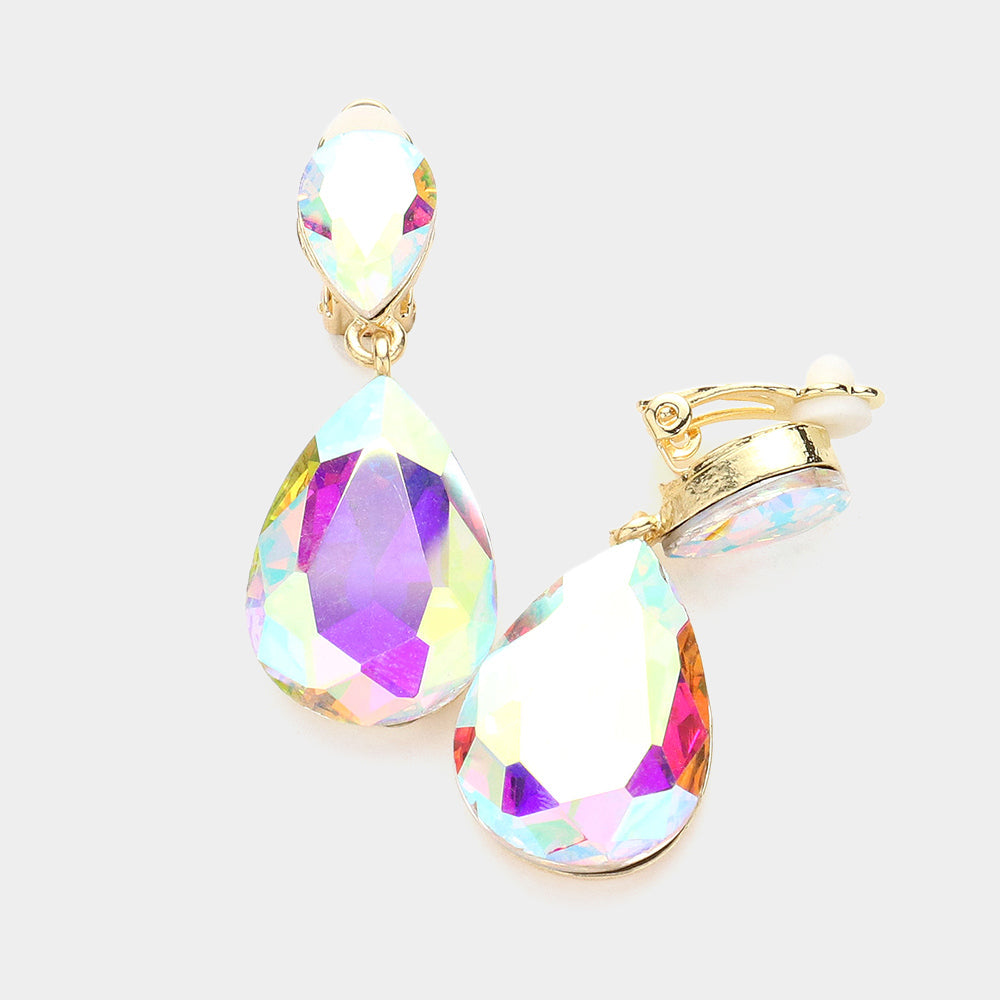 AB, Gold Double Teardrop Stone Link Clip on Evening Earrings