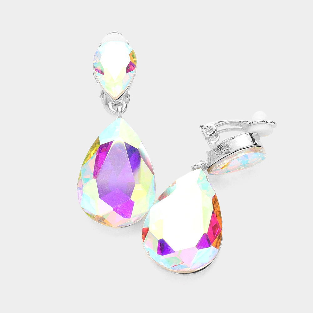 AB, Silver Double Teardrop Stone Link Clip on Evening Earrings