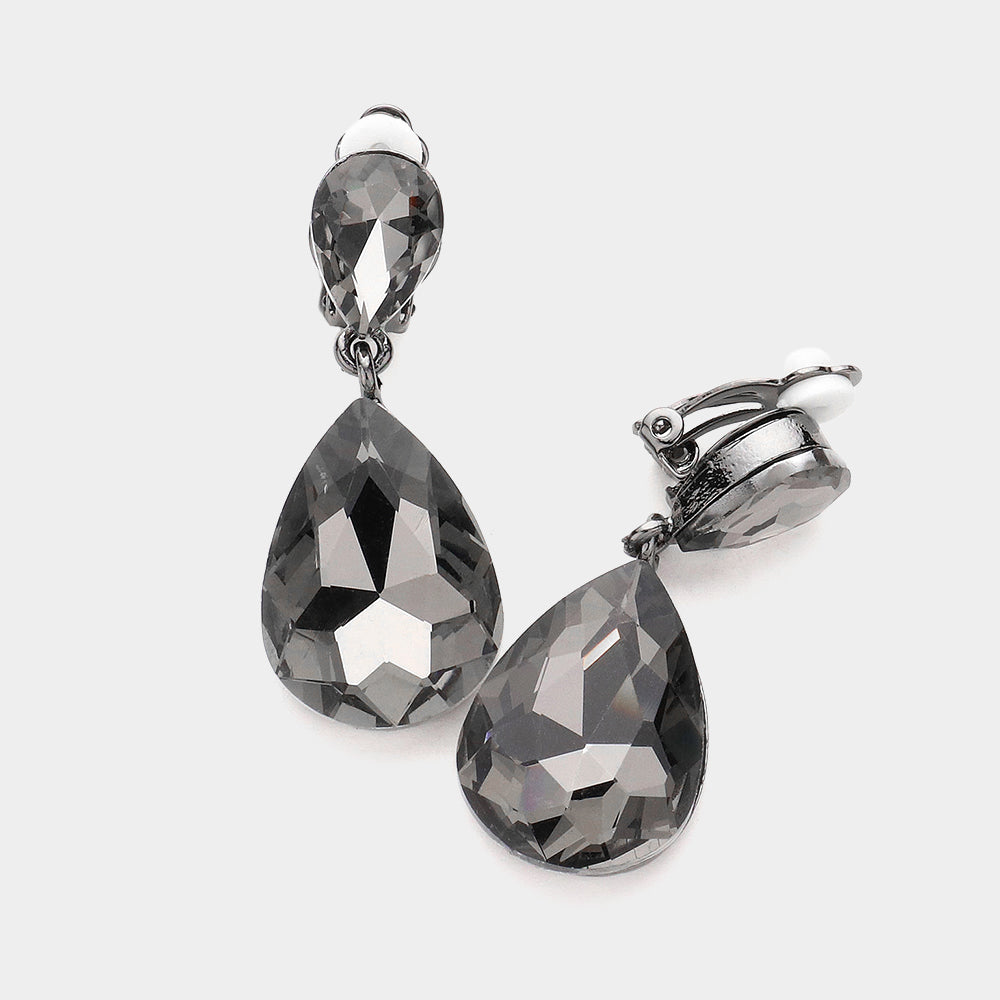 Black Diamond Double Teardrop Stone Link Clip on Evening Earrings