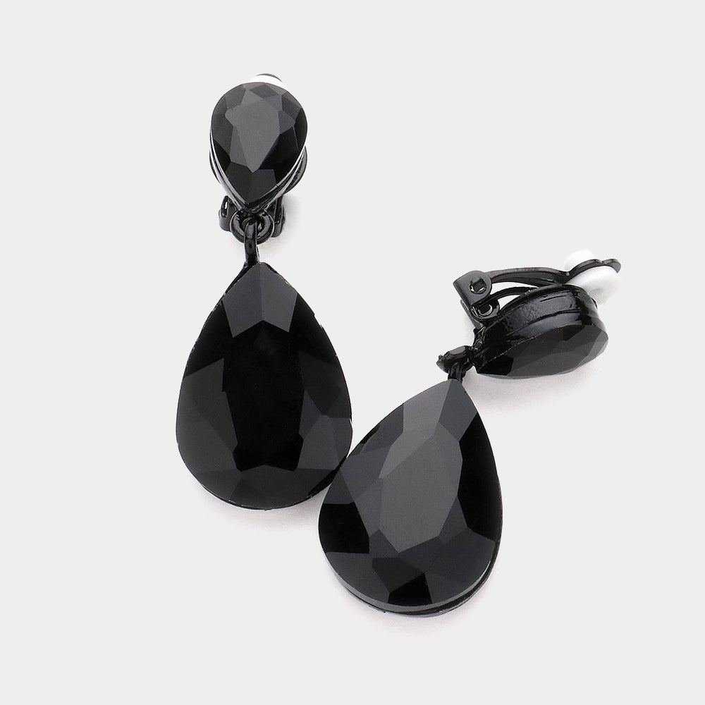 Black, Jet Black Double Teardrop Stone Link Clip on Evening Earrings