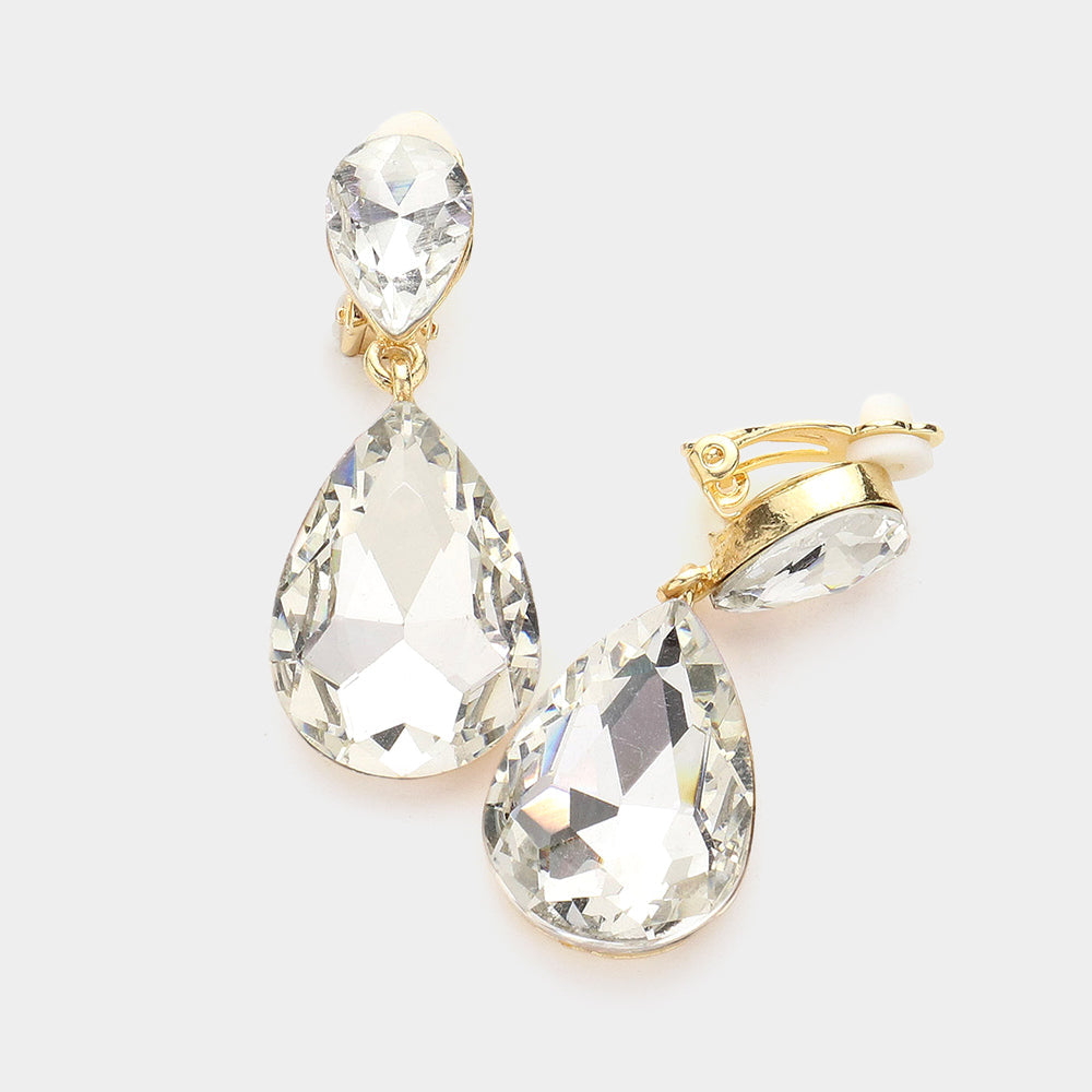 Clear, Gold Double Teardrop Stone Link Clip on Evening Earrings