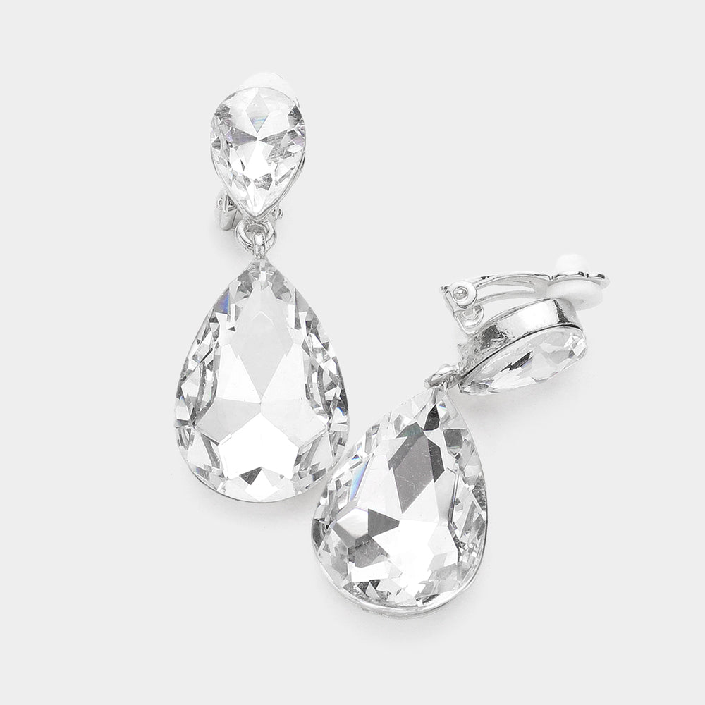 Clear, Silver Double Teardrop Stone Link Clip on Evening Earrings