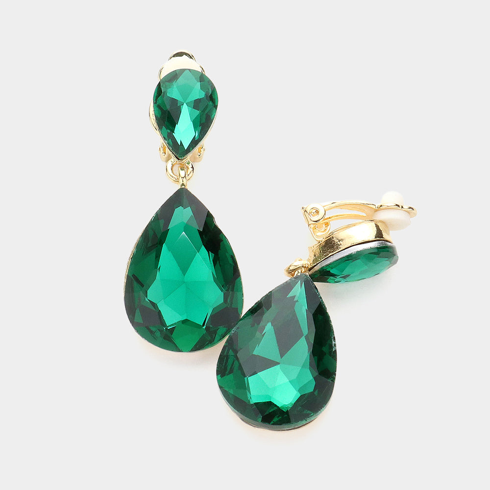 Emerald, Gold Double Teardrop Stone Link Clip on Evening Earrings
