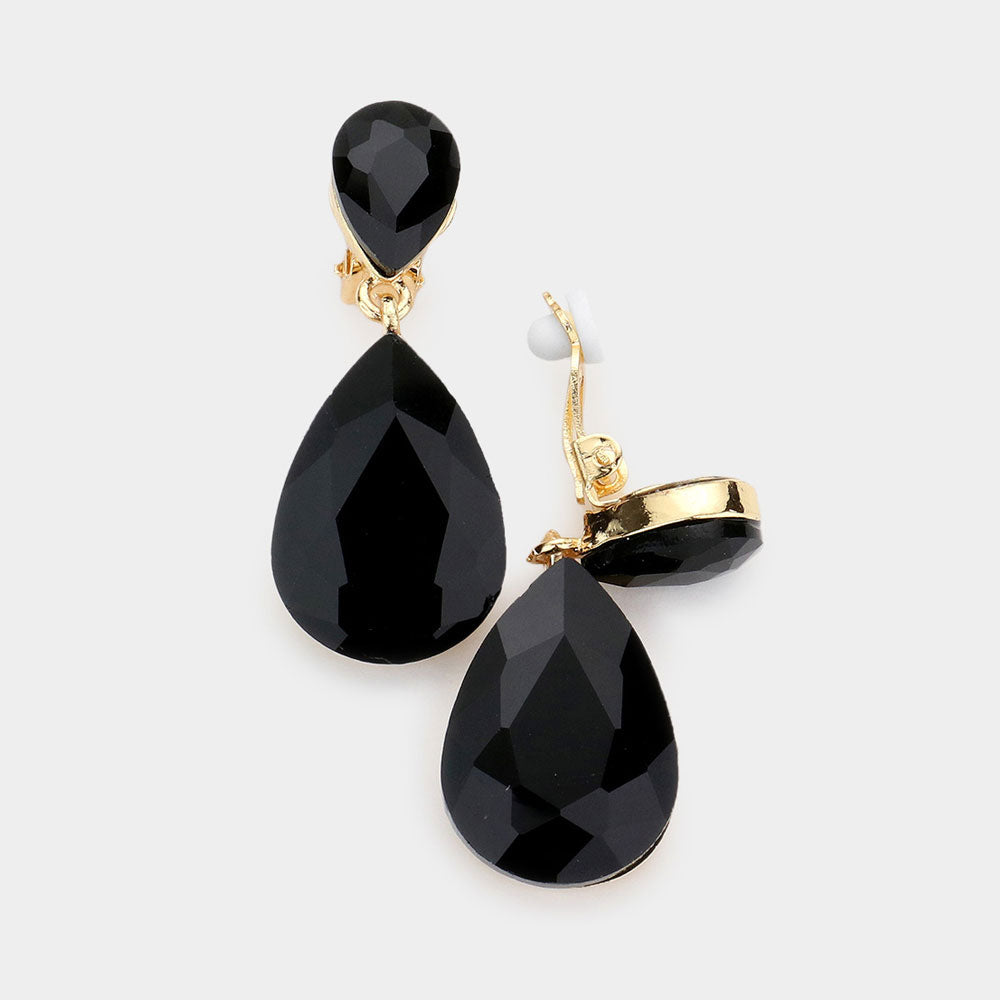 Gold, Jet Black Double Teardrop Stone Link Clip on Evening Earrings