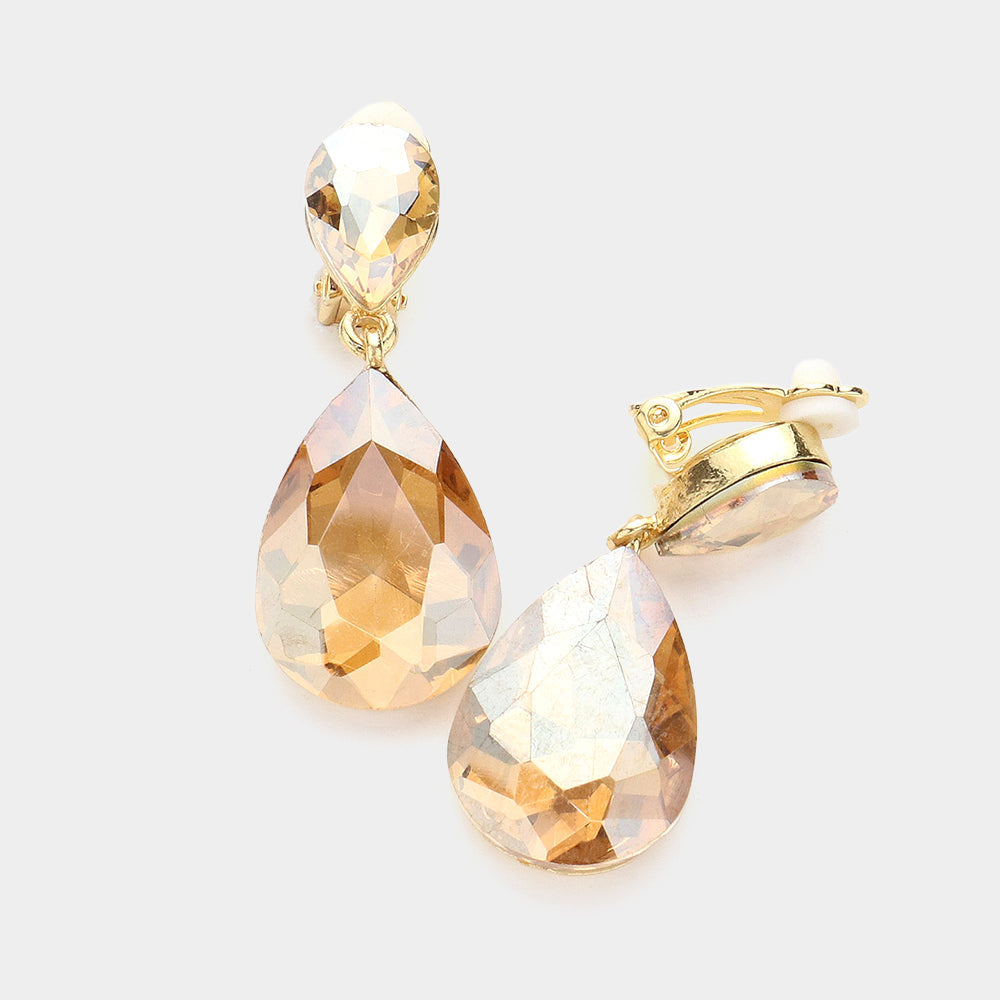 Gold, Lt Col Topaz Double Teardrop Stone Link Clip on Evening Earrings