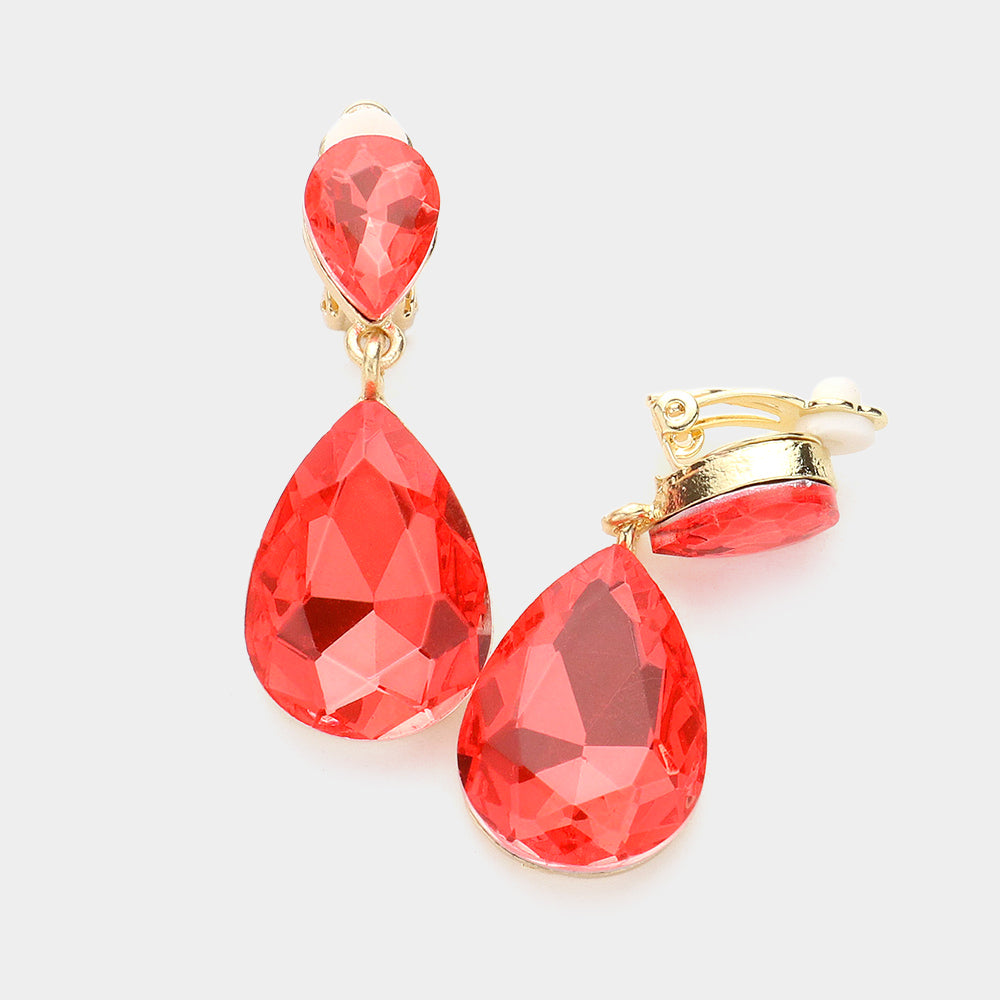 Gold, Orange Double Teardrop Stone Link Clip on Evening Earrings