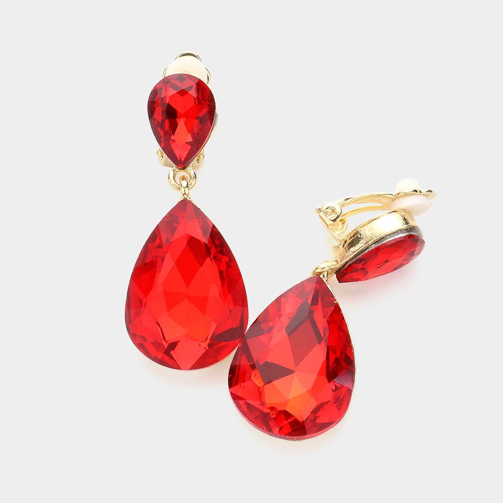 Gold, Siam Double Teardrop Stone Link Clip on Evening Earrings