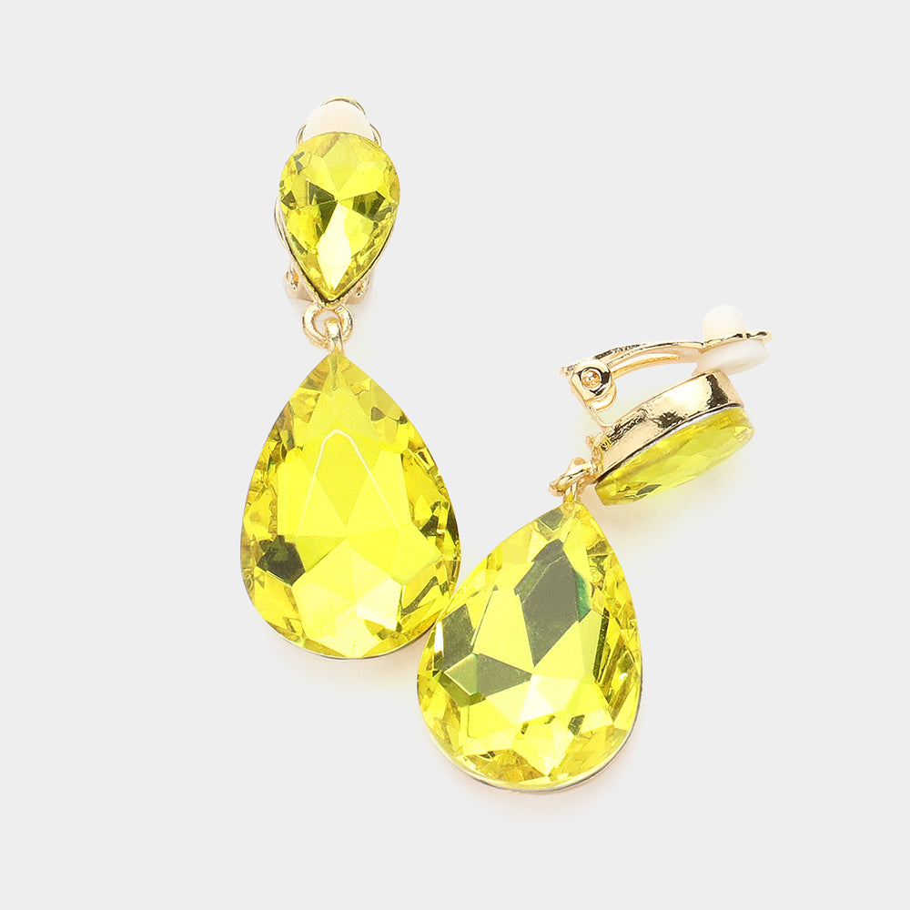 Gold, Yellow Double Teardrop Stone Link Clip on Evening Earrings