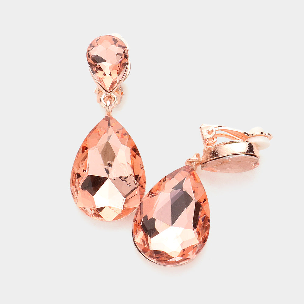 Peach, Rose Gold Double Teardrop Stone Link Clip on Evening Earrings