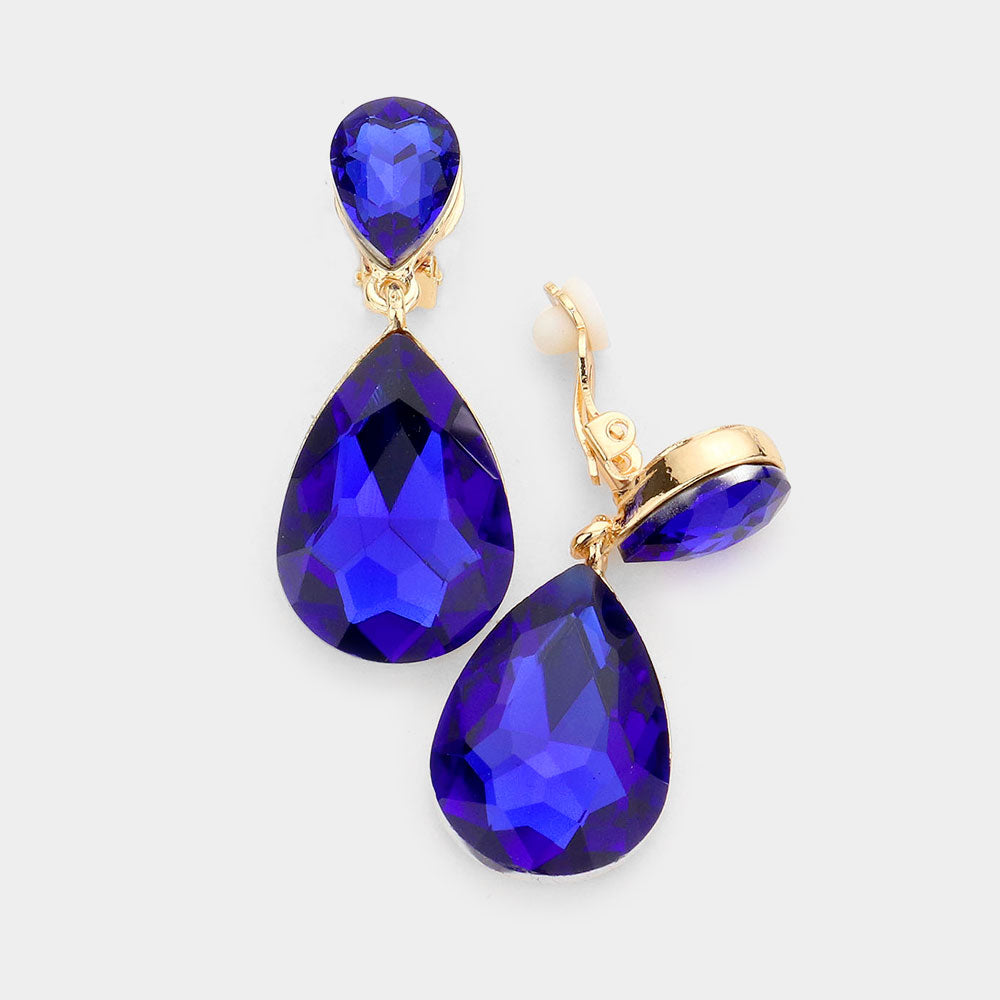 Sapphire Double Teardrop Stone Link Clip on Evening Earrings