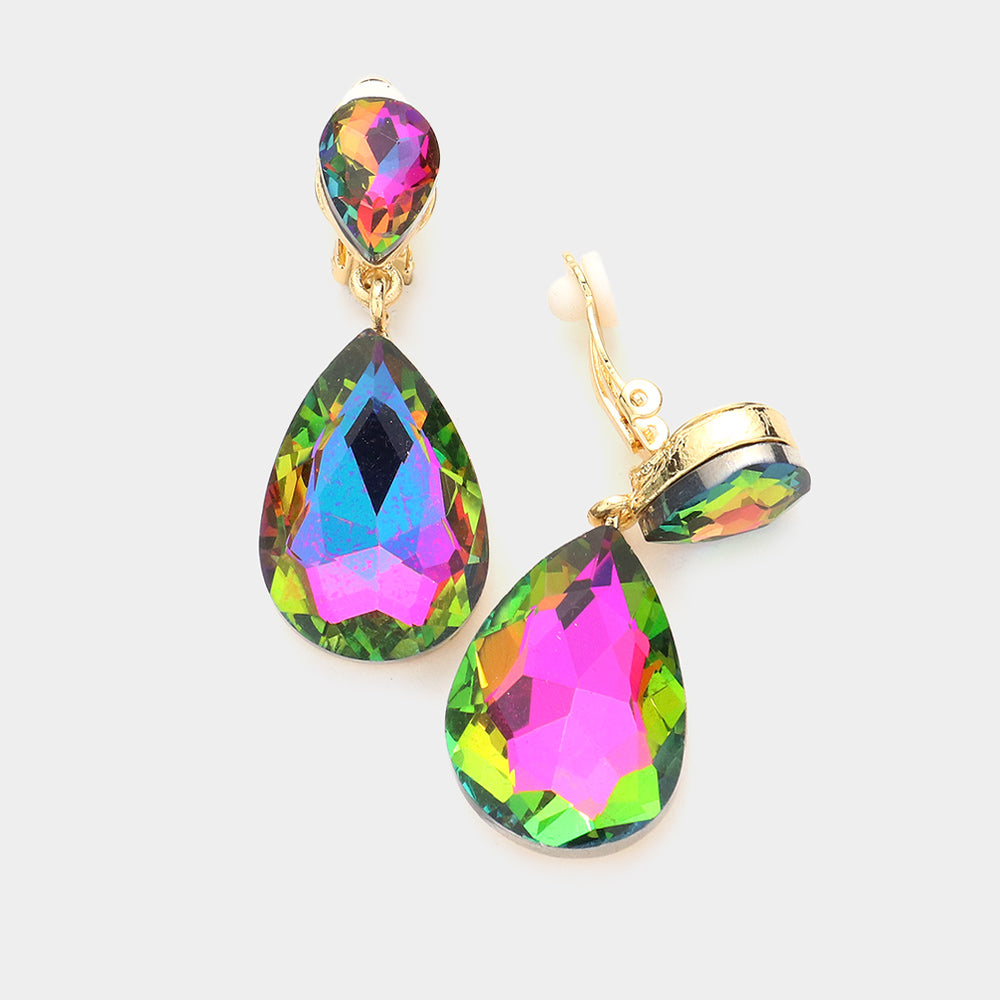 Vitrail Medium Double Teardrop Stone Link Clip on Evening Earrings