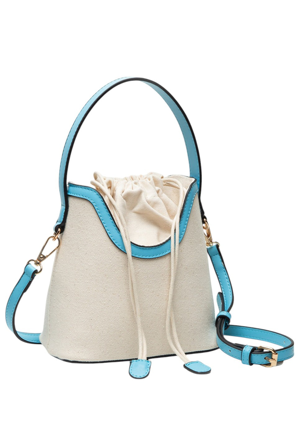 LightBlue Drawstring Satchel Canvas Crossbody Bucket Bag combines durable canvas material with a practical bucket design, secured by a convenient drawstring closure. Its adjustable crossbody strap offers hands-free comfort, making it ideal for daily use or travel. This bag provides ample space for essentials while maintaining a compact, stylish profile suitable for various occasions. 