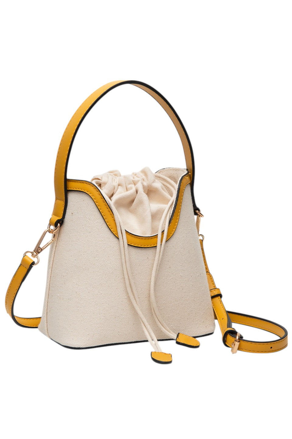 Mustard Drawstring Satchel Canvas Crossbody Bucket Bag combines durable canvas material with a practical bucket design, secured by a convenient drawstring closure. Its adjustable crossbody strap offers hands-free comfort, making it ideal for daily use or travel. This bag provides ample space for essentials while maintaining a compact, stylish profile suitable for various occasions. 