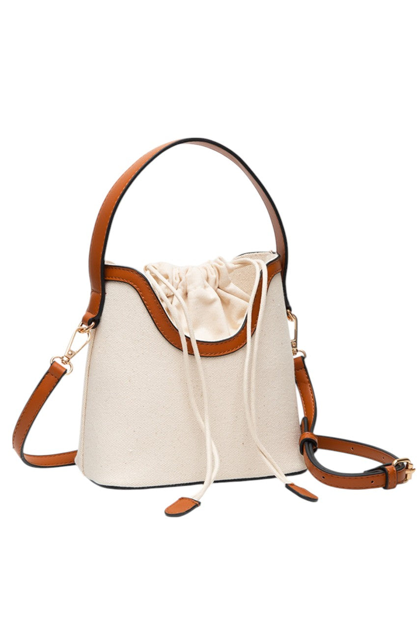 Drawstring Satchel Canvas Crossbody Bucket Bag - Tan - Bucket Bag