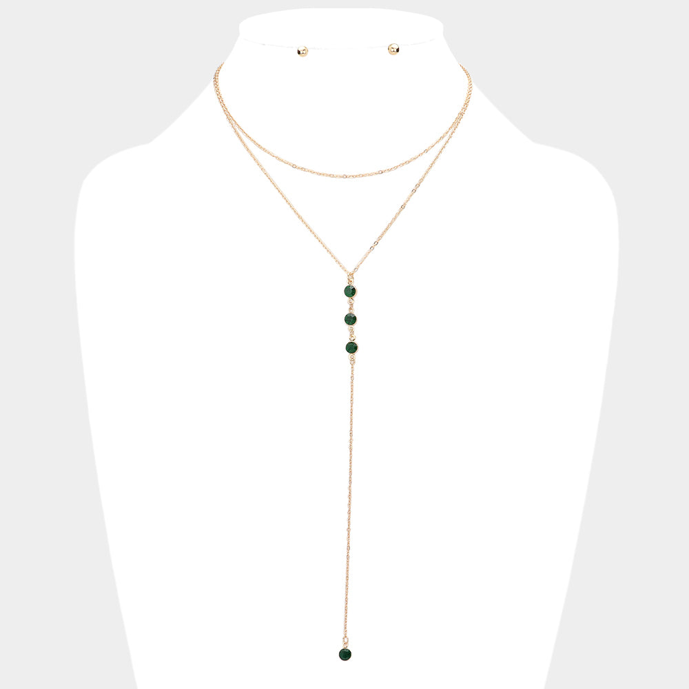 Emerald Dropped Round Stone Double Layered Y Necklace