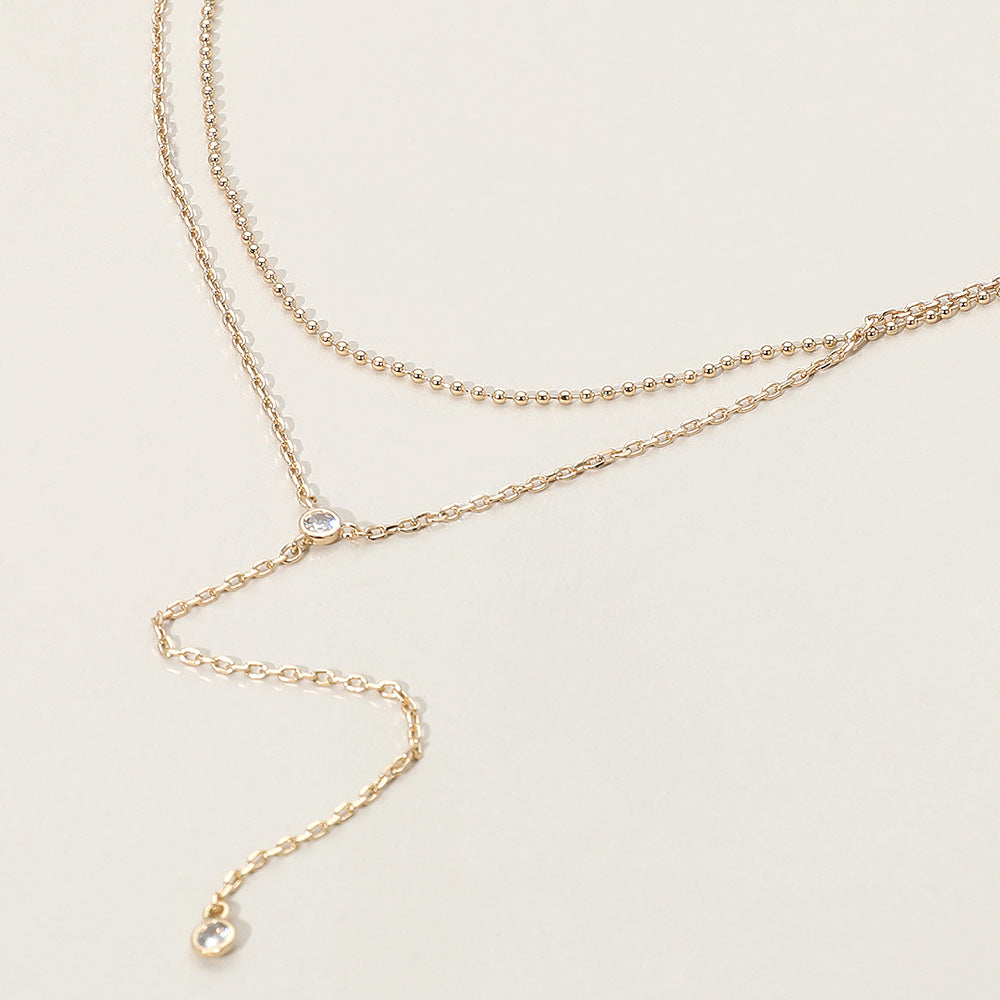 Gold Dropped Round Stone Double Layered Y Necklace