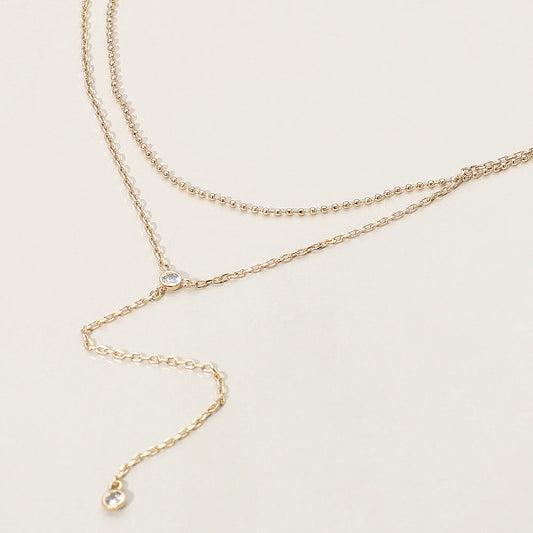 Gold Dropped Round Stone Double Layered Y Necklace