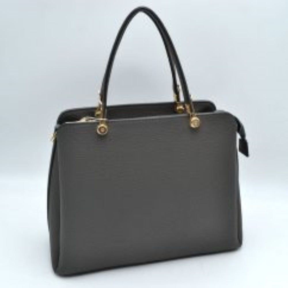 Dusty Green This structured handbag is designed for everyday use, featuring dual arched top handles attached with round metallic hardware. The design includes multiple storage compartments to organize your belongings, featuring a central zippered closure alongside separate side compartments.