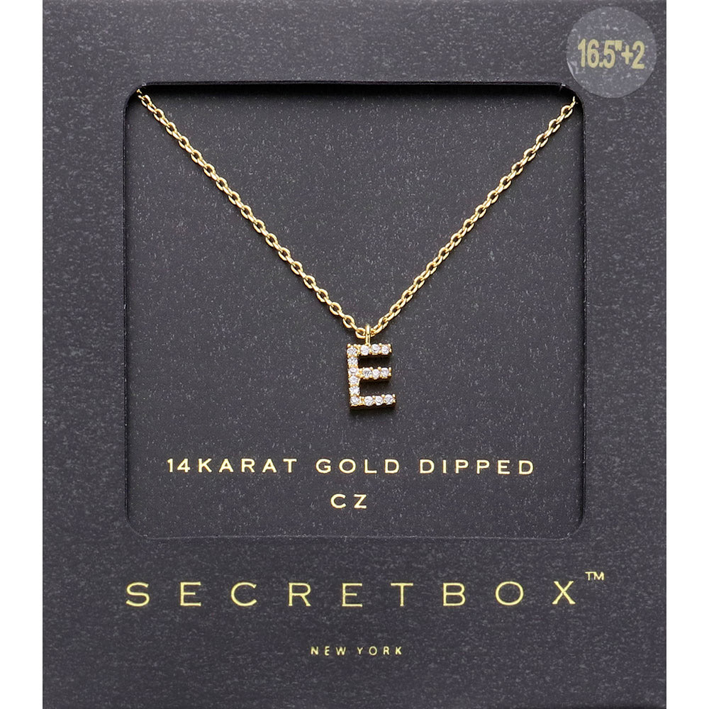 ~E~, Gold -E- Secret Box _ 14K Gold Dipped CZ Initial Monogram Pendant Necklace