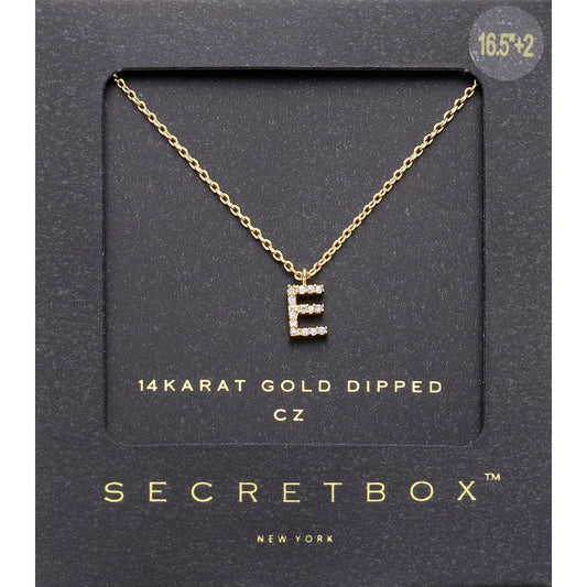 ~E~, Gold -E- Secret Box _ 14K Gold Dipped CZ Initial Monogram Pendant Necklace