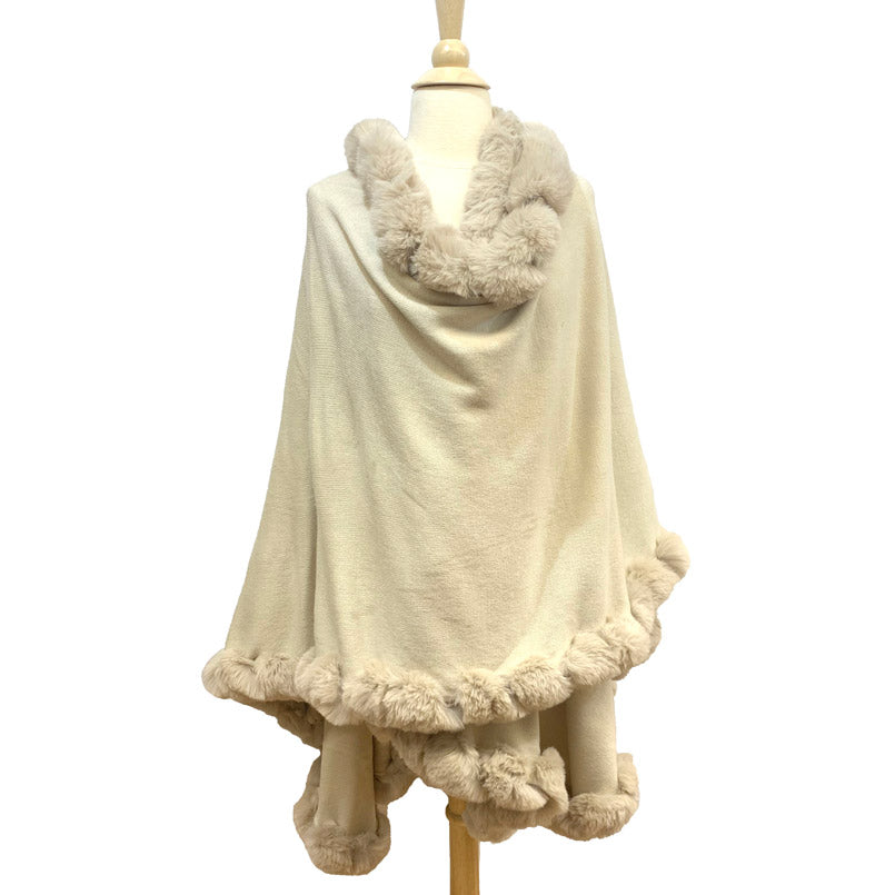 Elegant Faux Fur Trim Knit Poncho Ruana Cape - Beige - Ruanas