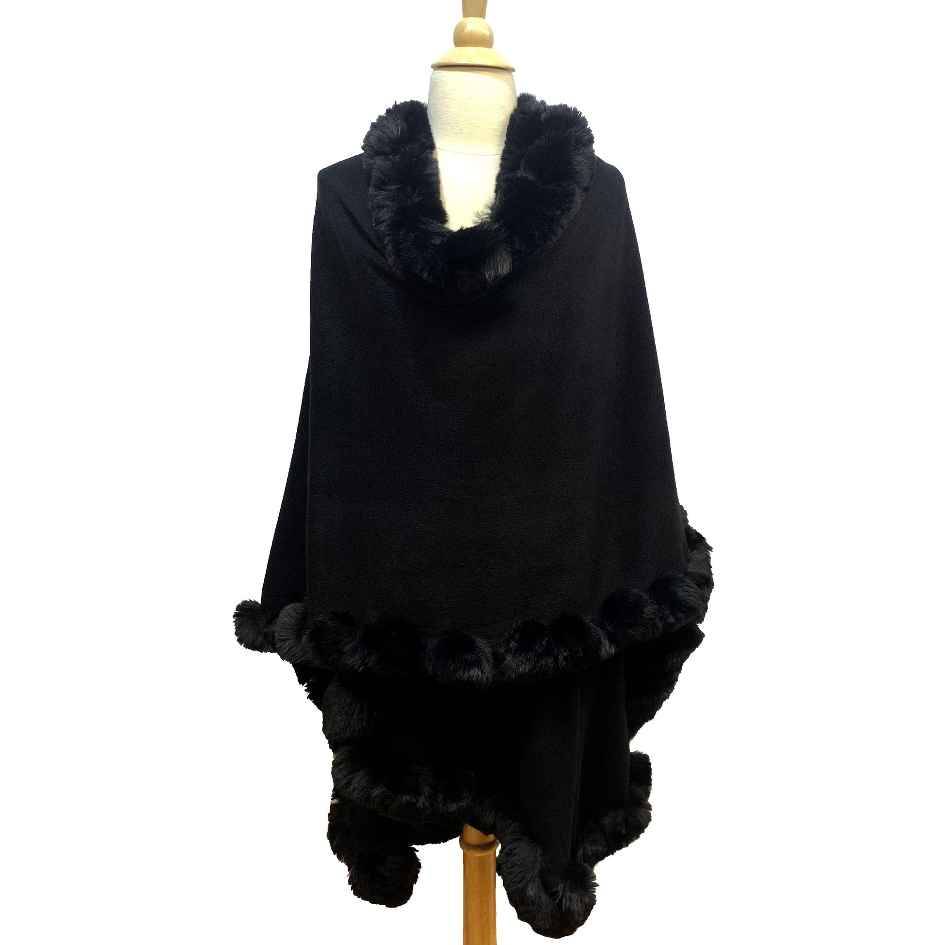 Elegant Faux Fur Trim Knit Poncho Ruana Cape - Black - Ruanas