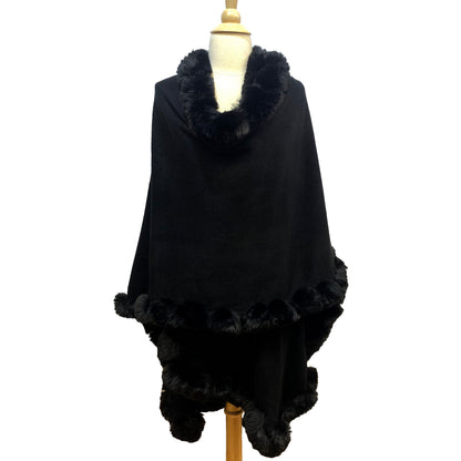 Elegant Faux Fur Trim Knit Poncho Ruana Cape - Black - Ruanas