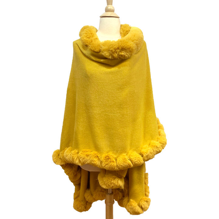 Elegant Faux Fur Trim Knit Poncho Ruana Cape - Mustard - Ruanas